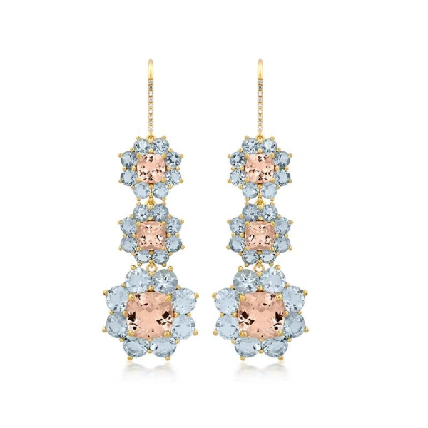 Jennifer Meyer Graduated Statement Aquamarine and Morganite Flower Earrings in 18K Yellow Gold | Fine Earrings | Coveti