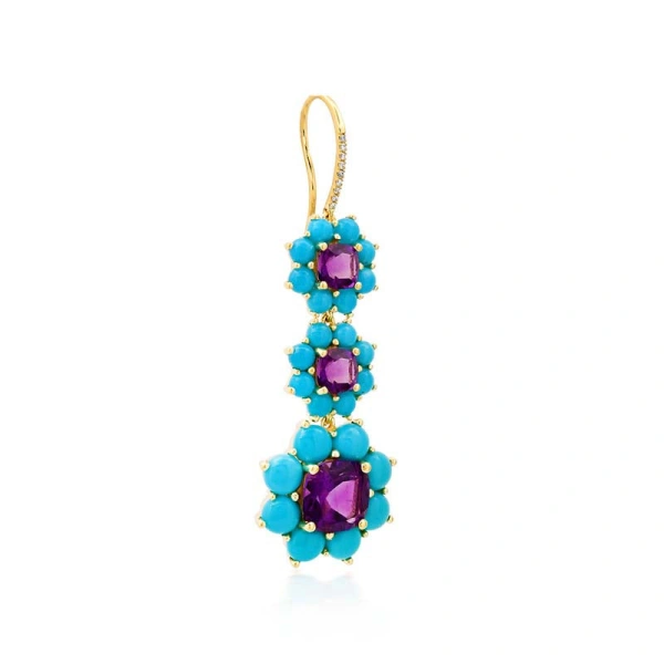 Jennifer Meyer Graduated Statement Turquoise and Amethyst Flower Earrings in 18K Yellow Gold | Fine Earrings | Coveti