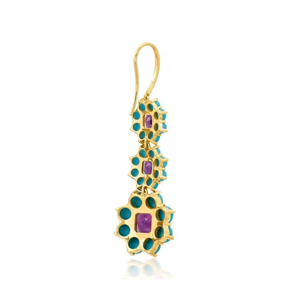 Jennifer Meyer Graduated Statement Turquoise and Amethyst Flower Earrings in 18K Yellow Gold | Fine Earrings | Coveti
