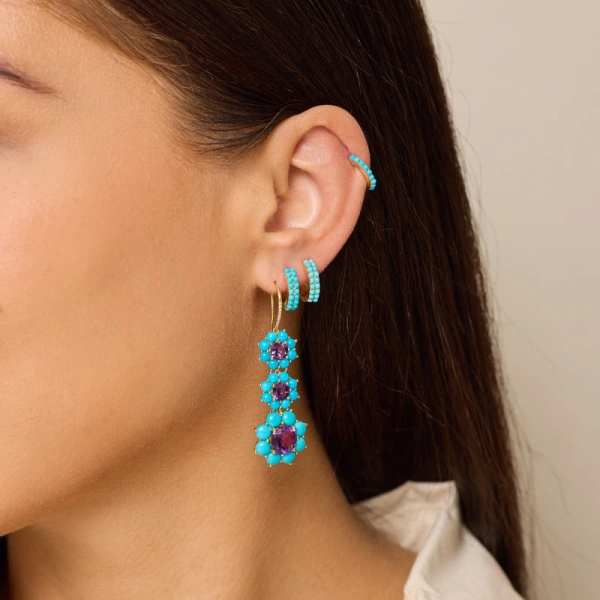 Jennifer Meyer Graduated Statement Turquoise and Amethyst Flower Earrings in 18K Yellow Gold | Fine Earrings | Coveti