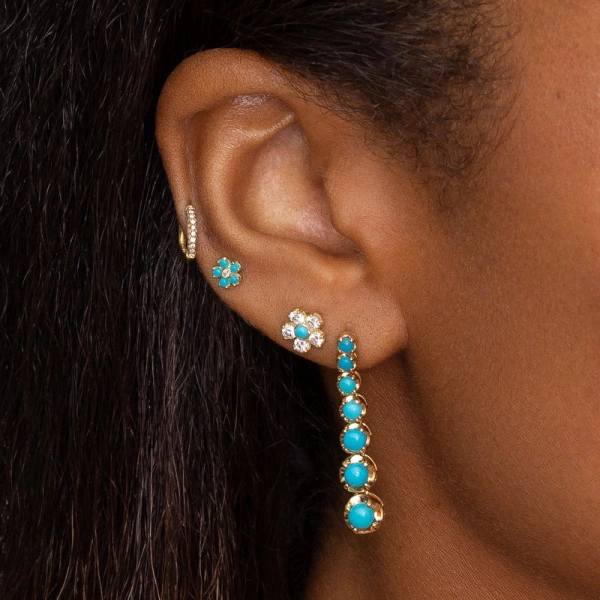 Jennifer Meyer Graduated Turquoise Tennis Studs in 18K Yellow Gold | Fine Earrings | Coveti