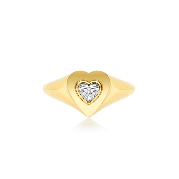 Jennifer Meyer Heart Signet Ring with Heart Cut Diamond in 18K Yellow Gold | Fine Rings | Coveti