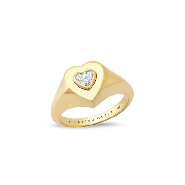 Jennifer Meyer Heart Signet Ring with Heart Cut Diamond in 18K Yellow Gold | Fine Rings | Coveti