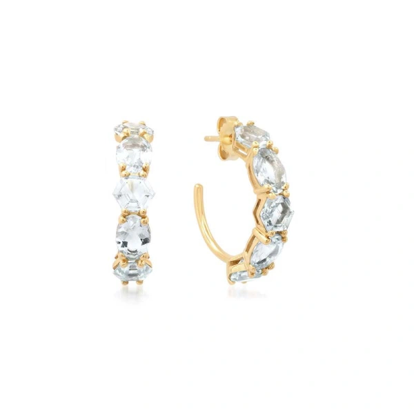 Jennifer Meyer Hexagon and Oval Cut Aquamarine Hoops in 18K Yellow Gold | Fine Earrings | Coveti