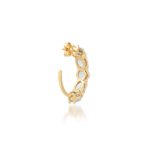 Jennifer Meyer Hexagon and Oval Cut Aquamarine Hoops in 18K Yellow Gold | Fine Earrings | Coveti