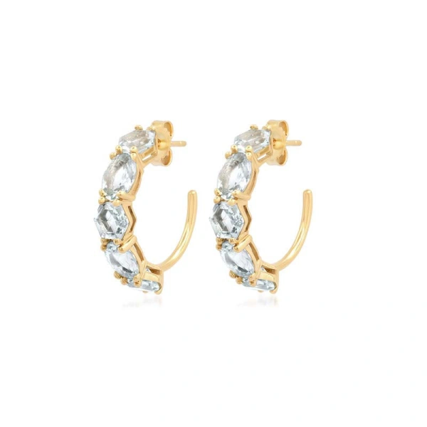 Jennifer Meyer Hexagon and Oval Cut Aquamarine Hoops in 18K Yellow Gold | Fine Earrings | Coveti
