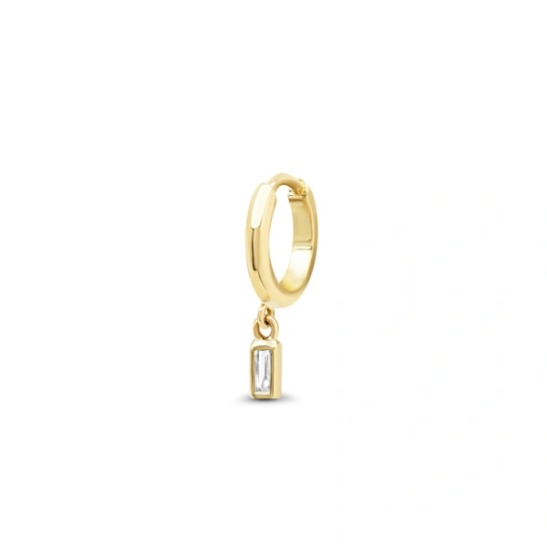 Jennifer Meyer Huggies with Mini Baguette Cut Diamond Drop in 18K Yellow Gold | Fine Earrings | Coveti