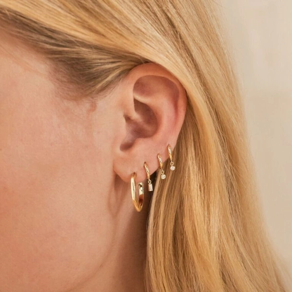 Jennifer Meyer Huggies with Mini Baguette Cut Diamond Drop in 18K Yellow Gold | Fine Earrings | Coveti