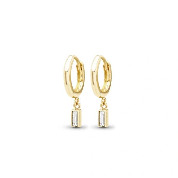 Jennifer Meyer Huggies with Mini Baguette Cut Diamond Drop in 18K Yellow Gold | Fine Earrings | Coveti
