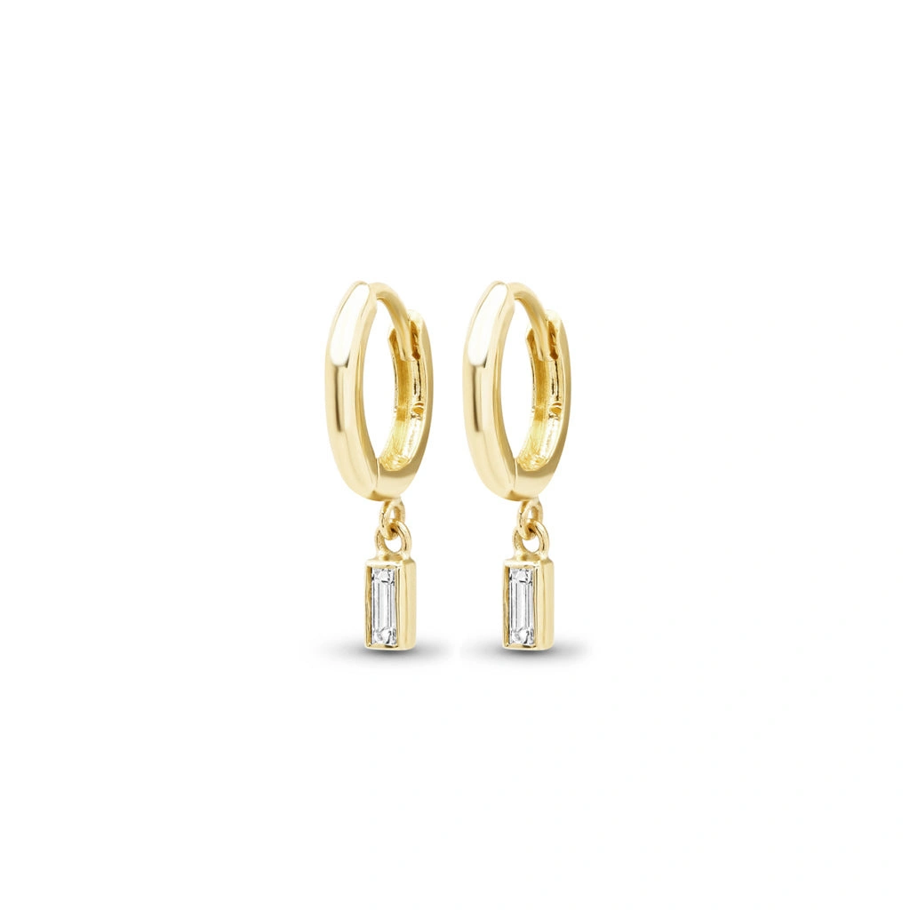 Jennifer Meyer Huggies with Mini Baguette Cut Diamond Drop in 18K Yellow Gold Jennifer Meyer Huggies with Mini Baguette Cut Diamond Drop in 18K Yellow Gold | Fine Earrings | Coveti