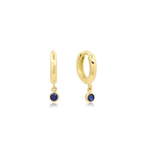 Jennifer Meyer Huggies with Mini Blue Sapphire Bezel Drop in 18K Yellow Gold | Fine Earrings | Coveti