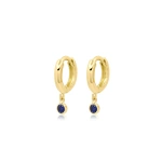 Jennifer Meyer Huggies with Mini Blue Sapphire Bezel Drop in 18K Yellow Gold | Fine Earrings | Coveti