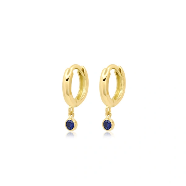 Jennifer Meyer Huggies with Mini Blue Sapphire Bezel Drop in 18K Yellow Gold | Fine Earrings | Coveti