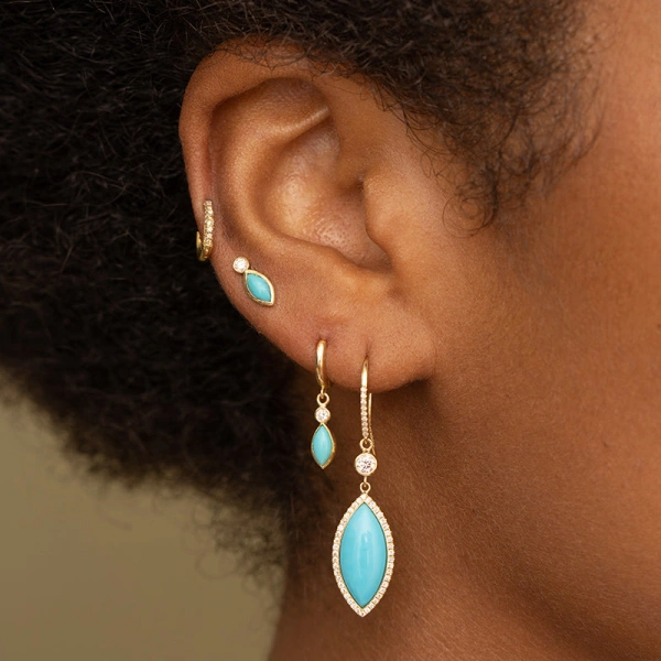 Jennifer Meyer Huggies with Mini Diamond and Turquoise Marquise Drop in 18K Yellow Gold | Fine Earrings | Coveti