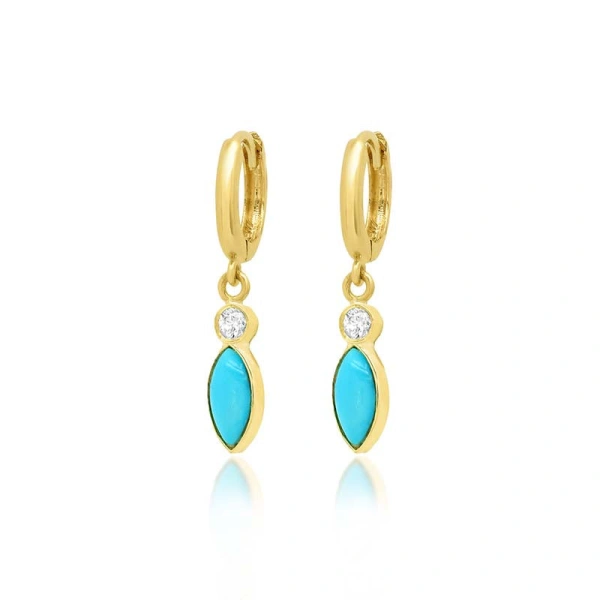 Huggies with Mini Diamond and Turquoise Marquise Drop in 18K Yellow Gold