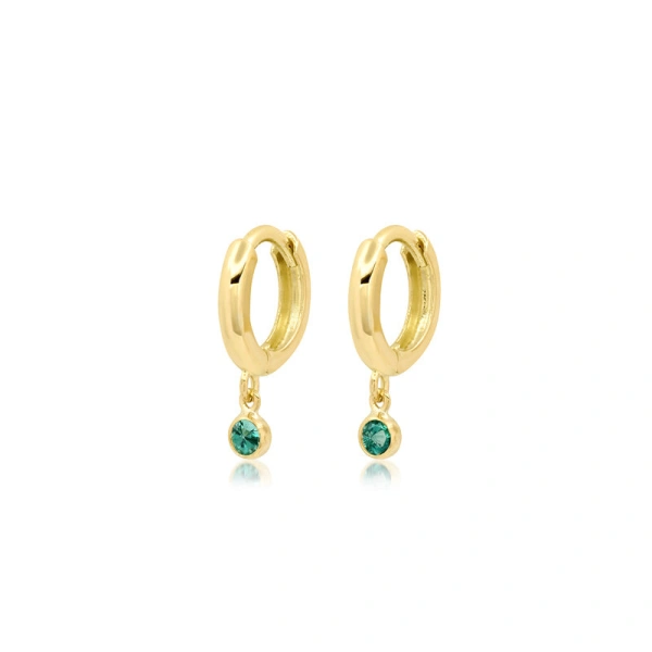 Jennifer Meyer Huggies with Mini Emerald Bezel Drop in 18K Yellow Gold | Fine Earrings | Coveti