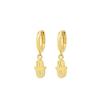 Jennifer Meyer Huggies with Mini Hamsa Drop in 18K Yellow Gold | Fine Earrings | Coveti