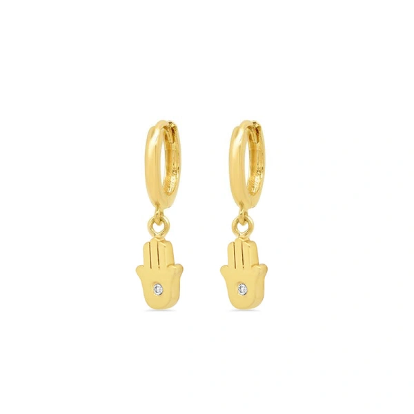 Jennifer Meyer Huggies with Mini Hamsa Drop in 18K Yellow Gold | Fine Earrings | Coveti