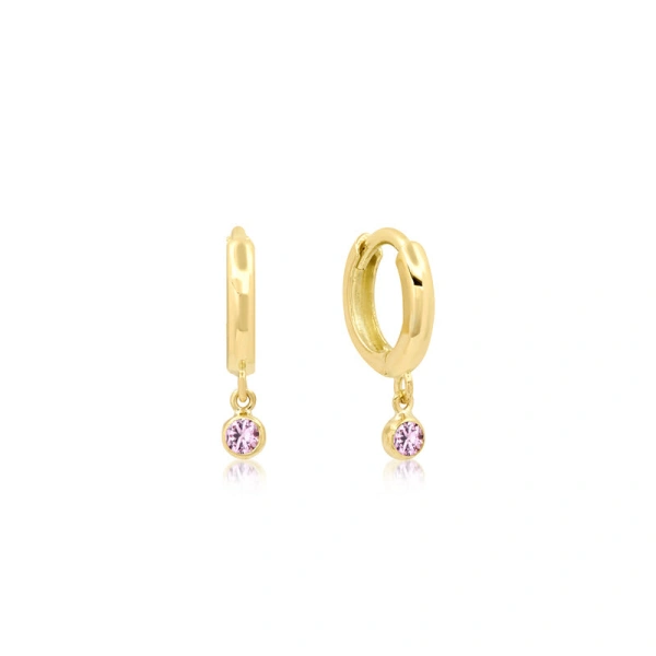 Jennifer Meyer Huggies with Mini Pink Sapphire Bezel Drop in 18K Yellow Gold | Fine Earrings | Coveti