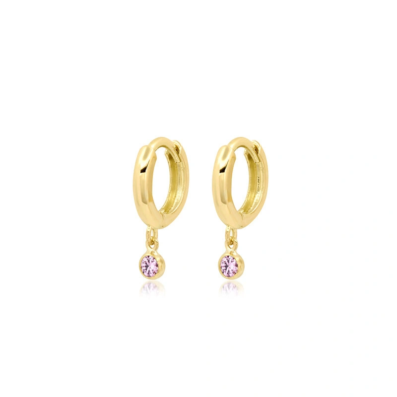 Jennifer Meyer Huggies with Mini Pink Sapphire Bezel Drop in 18K Yellow Gold Jennifer Meyer Huggies with Mini Pink Sapphire Bezel Drop in 18K Yellow Gold | Fine Earrings | Coveti