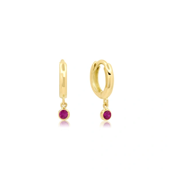 Jennifer Meyer Huggies with Mini Ruby Bezel Drop in 18K Yellow Gold | Fine Earrings | Coveti