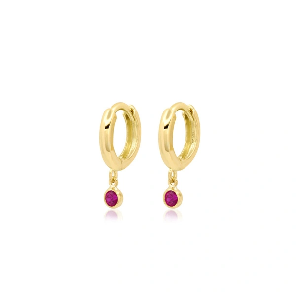 Jennifer Meyer Huggies with Mini Ruby Bezel Drop in 18K Yellow Gold | Fine Earrings | Coveti