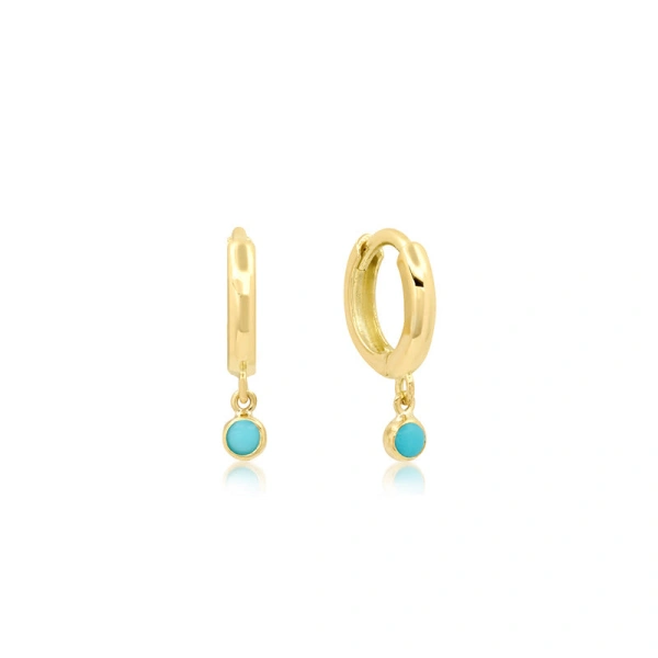 Jennifer Meyer Huggies with Mini Turquoise Bezel Drop in 18K Yellow Gold | Fine Earrings | Coveti