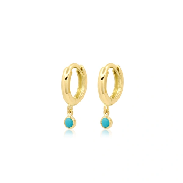 Jennifer Meyer Huggies with Mini Turquoise Bezel Drop in 18K Yellow Gold | Fine Earrings | Coveti