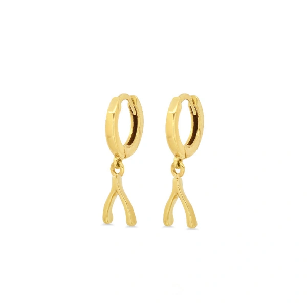 Jennifer Meyer Huggies with Mini Wishbone Drop in 18K Yellow Gold | Fine Earrings | Coveti