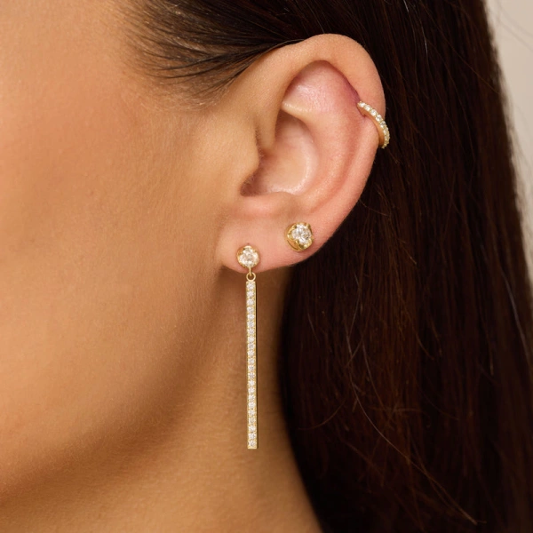 Jennifer Meyer Illusion Set Diamond & Diamond Stick Stud Earrings in 18K Yellow Gold | Fine Earrings | Coveti