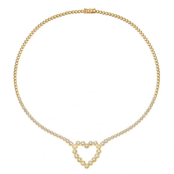Jennifer Meyer Illusion Set Diamond Tennis Necklace with Large Diamond Open Heart in 18K Yellow Gold | Fine Necklaces | Coveti