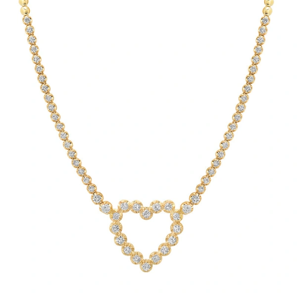 Jennifer Meyer Illusion Set Diamond Tennis Necklace with Large Diamond Open Heart in 18K Yellow Gold | Fine Necklaces | Coveti