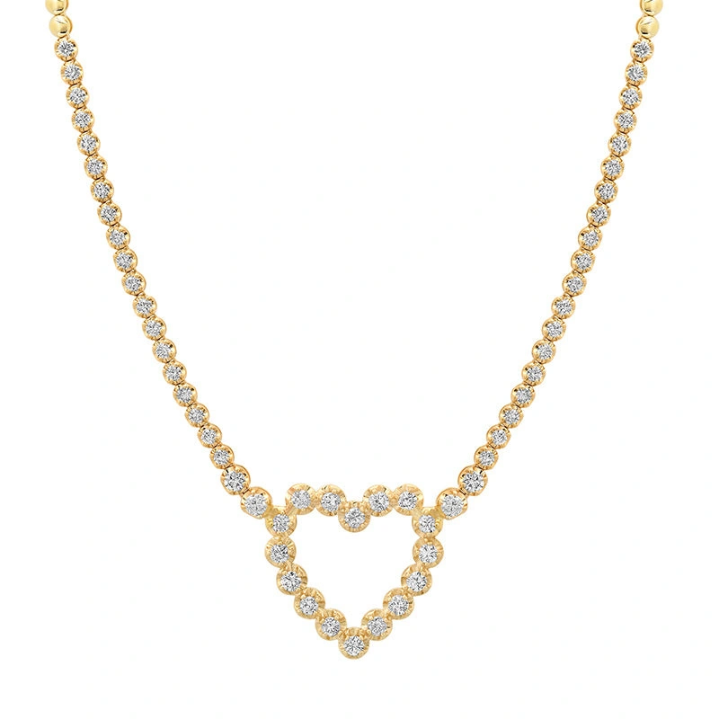 Jennifer Meyer Illusion Set Diamond Tennis Necklace with Large Diamond Open Heart in 18K Yellow Gold Jennifer Meyer Illusion Set Diamond Tennis Necklace with Large Diamond Open Heart in 18K Yellow Gold | Fine Necklaces | Coveti