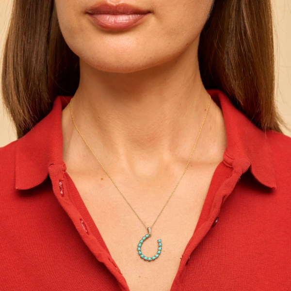 Jennifer Meyer Illusion Set Turquoise Horseshoe Necklace in 18K Yellow Gold | Fine Necklaces | Coveti