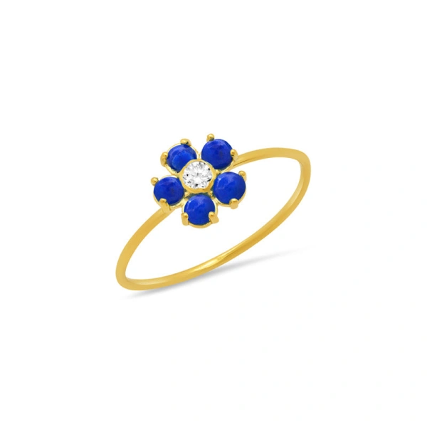 Jennifer Meyer Lapis Flower Ring with Diamond Center in 18K Yellow Gold | Fine Rings | Coveti