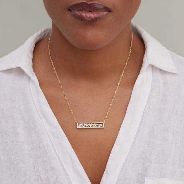 Jennifer Meyer Lapis Inlay And Diamond Good Luck Bar Necklace in 18K Yellow Gold | Fine Necklaces | Coveti