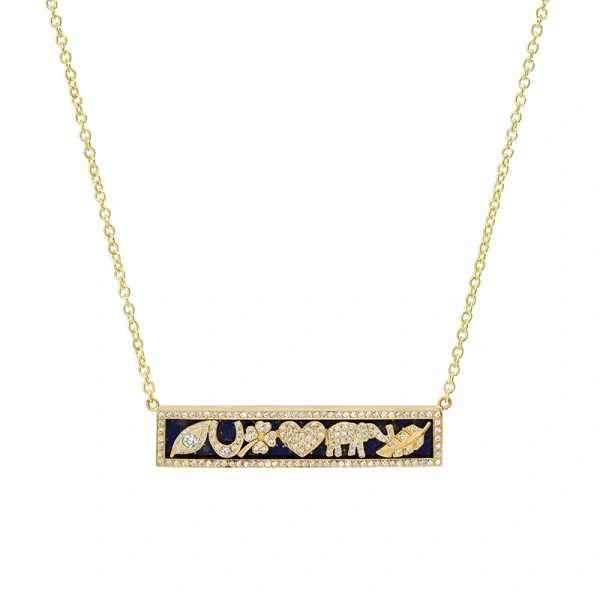 Jennifer Meyer Lapis Inlay And Diamond Good Luck Bar Necklace in 18K Yellow Gold | Fine Necklaces | Coveti