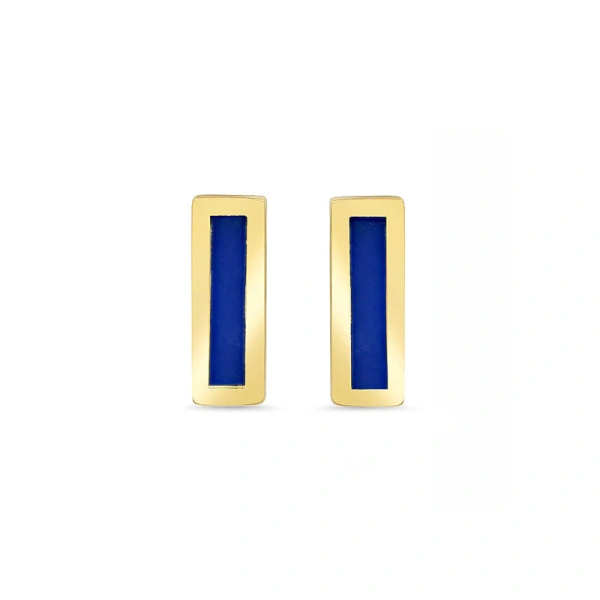 Jennifer Meyer Lapis Inlay Bar Studs in 18K Yellow Gold | Fine Earrings | Coveti