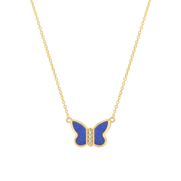 Jennifer Meyer Lapis Inlay Butterfly Necklace in 18K Yellow Gold | Fine Necklaces | Coveti