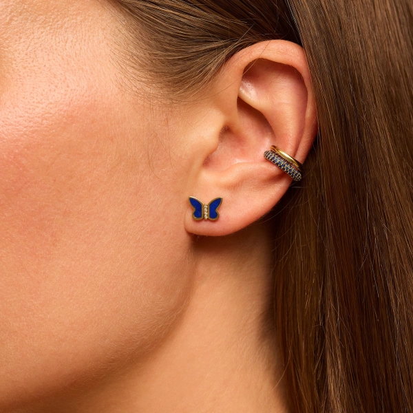 Jennifer Meyer Lapis Inlay Butterfly Studs in 18K Yellow Gold | Fine Earrings | Coveti