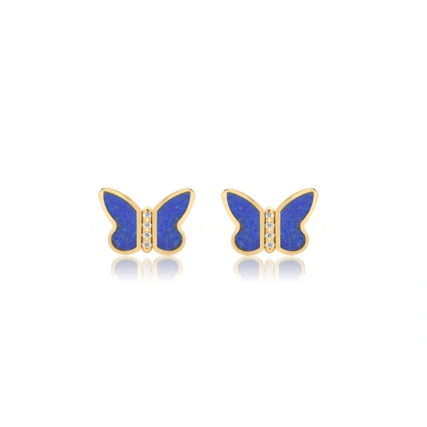 Jennifer Meyer Lapis Inlay Butterfly Studs in 18K Yellow Gold | Fine Earrings | Coveti