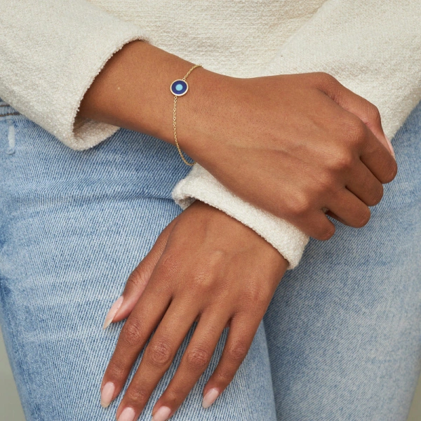 Jennifer Meyer Lapis Inlay Evil Eye Bracelet in 18K Yellow Gold | Fine Bracelets | Coveti