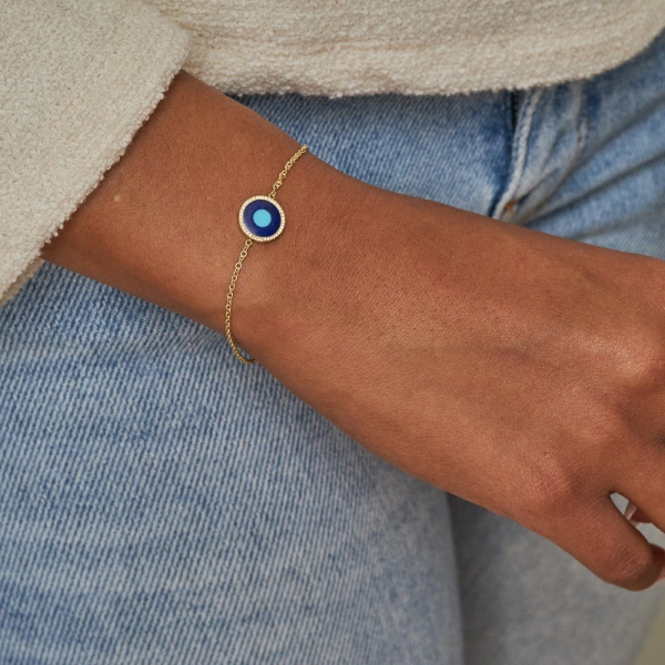 Jennifer Meyer Lapis Inlay Evil Eye Bracelet with Diamonds in 18K Yellow Gold | Fine Bracelets | Coveti