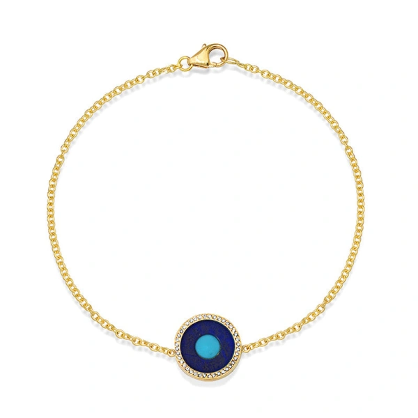 Jennifer Meyer Lapis Inlay Evil Eye Bracelet with Diamonds in 18K Yellow Gold | Fine Bracelets | Coveti