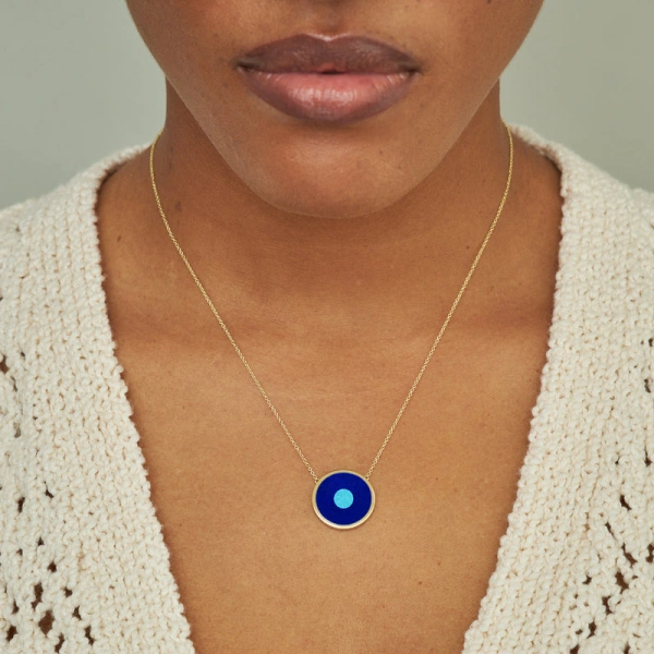 Jennifer Meyer Lapis Inlay Evil Eye Necklace in 18K Yellow Gold | Fine Necklaces | Coveti