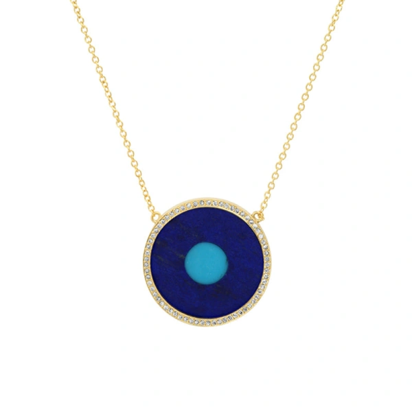 Jennifer Meyer Lapis Inlay Evil Eye Necklace with Diamonds in 18K Yellow Gold | Fine Necklaces | Coveti