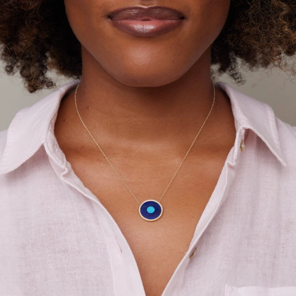 Jennifer Meyer Lapis Inlay Evil Eye Necklace with Diamonds in 18K Yellow Gold | Fine Necklaces | Coveti