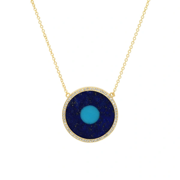Jennifer Meyer Lapis Inlay Evil Eye Necklace with Diamonds in 18K Yellow Gold | Fine Necklaces | Coveti