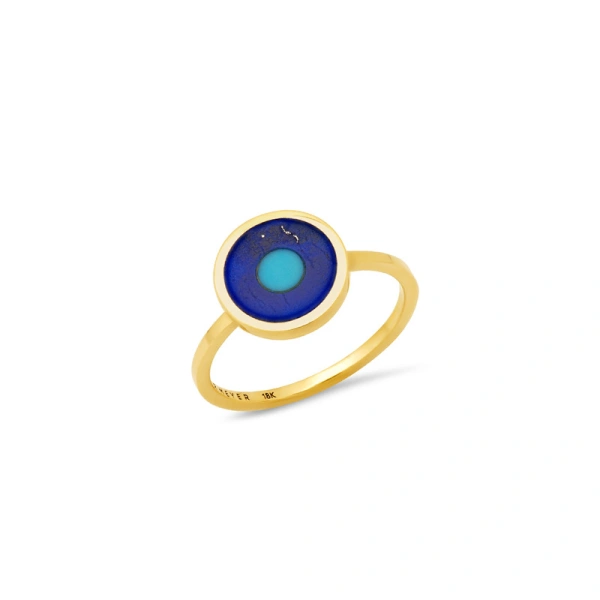Jennifer Meyer Lapis Inlay Evil Eye Ring in 18K Yellow Gold | Fine Rings | Coveti