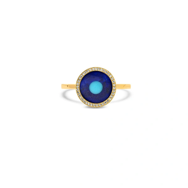 Jennifer Meyer Lapis Inlay Evil Eye Ring with Diamonds in 18K Yellow Gold | Fine Rings | Coveti